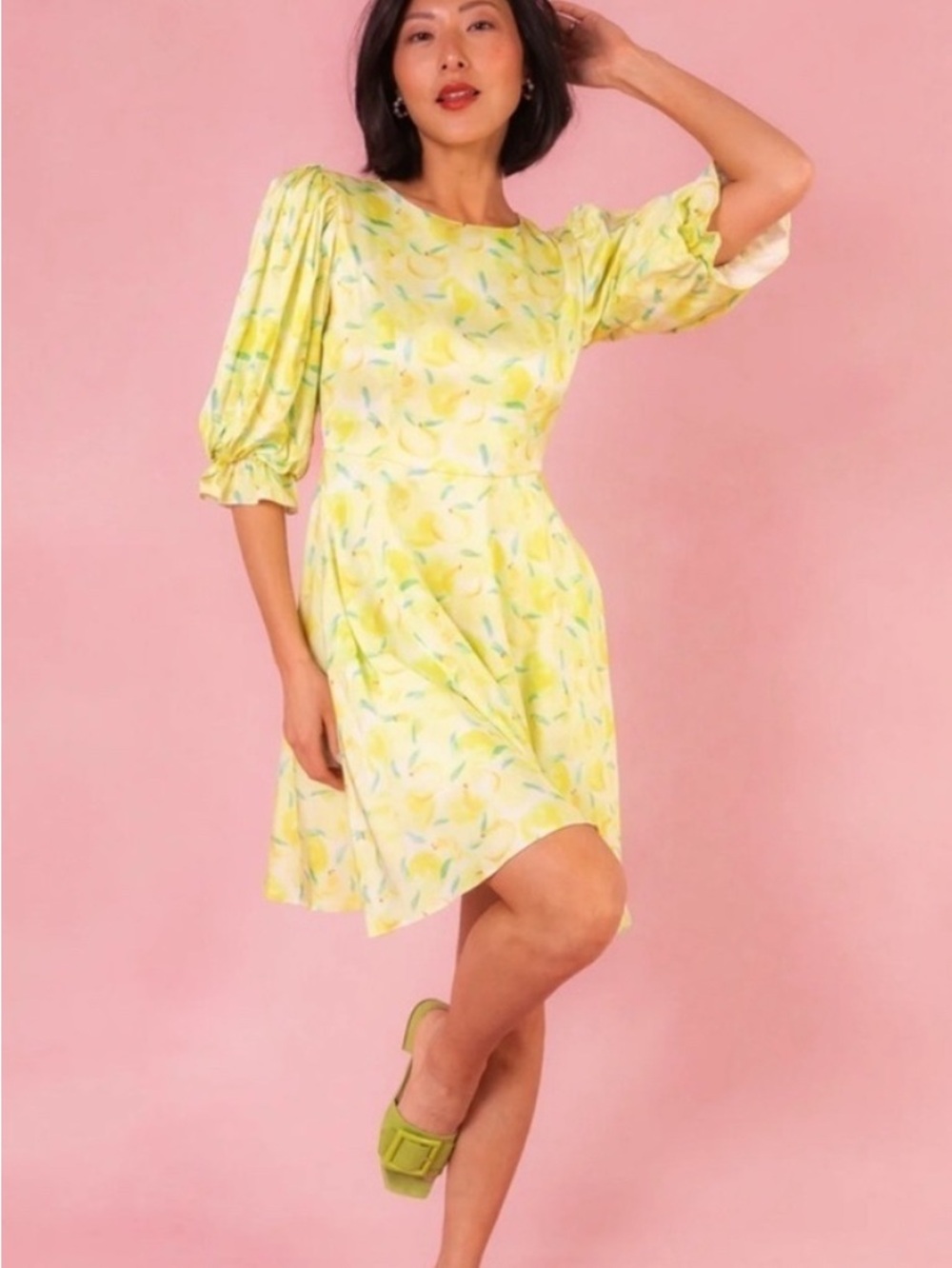 Ivy City Co‎ Lita Puff-Sleeve Lemon Midi Dress Sz 3X Plus Size Summer Satin